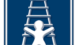 logotipo de AFANDICE icono de una persona subiendo una escalera enmarcado en un rectángulo blanco sobre fondo azul oscuro